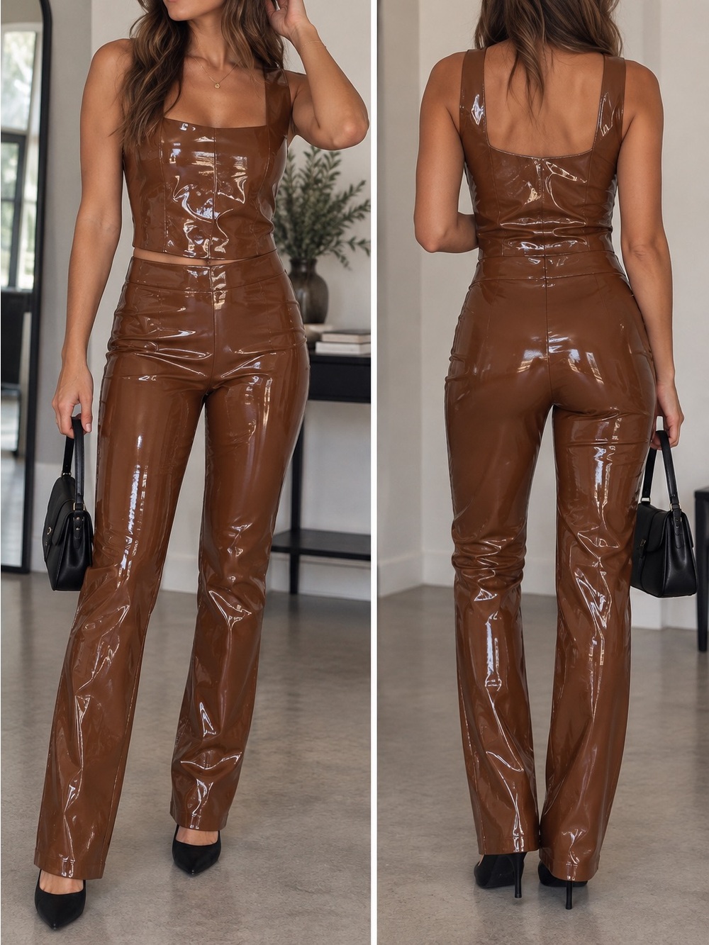 Commando Faux Patent Leather Leggings XS & Top L Cinnamon Brown Set Fetish Latex